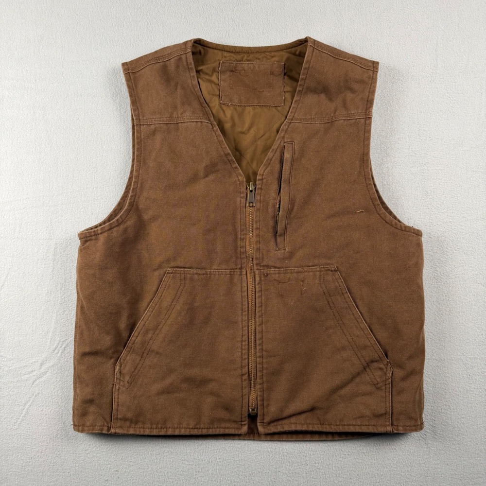 Vintage Brown Canvas Workwear Utility Vest Quilted Lining YKK Zip Mens Medium